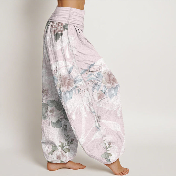 Buddha Stonesピュアコットン 花柄 ホワイトリーフ レディース 伸縮性ウエスト ハーレムパンツ - image 2