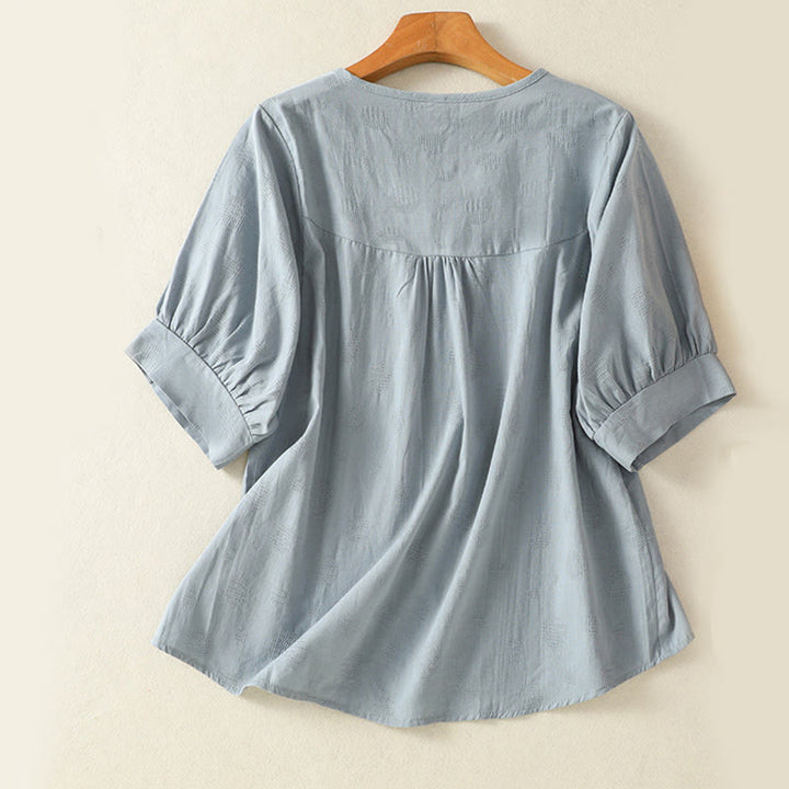 Buddha Stones柄の無地レディース半袖シャツとハーレムパンツの瞑想服セット（2点セット） - image 2