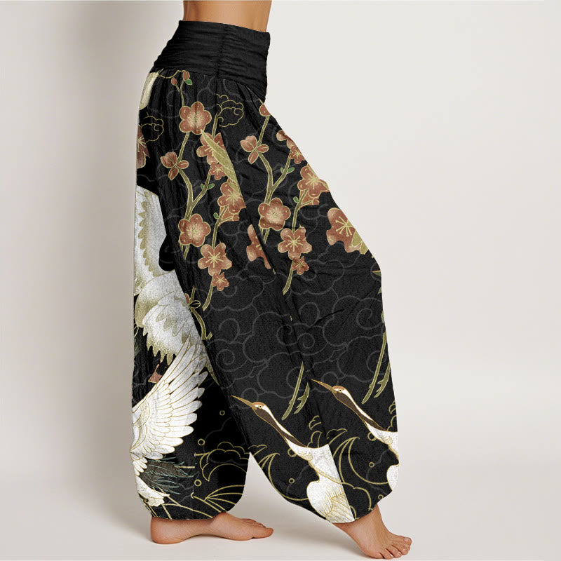 Buddha Stones純綿 鶴 花 縁起の良い雲柄 レディース ウエストゴム ハーレムパンツ