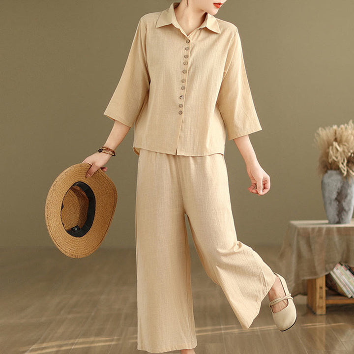 Buddha Stones 2点セット カジュアル レディース スタンドカラー シャツ ゆったりパンツ 瞑想服 セット - image 2