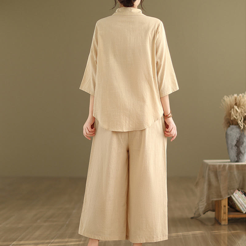 Buddha Stones 2点セット カジュアル レディース スタンドカラー シャツ ゆったりパンツ 瞑想服 セット - image 4