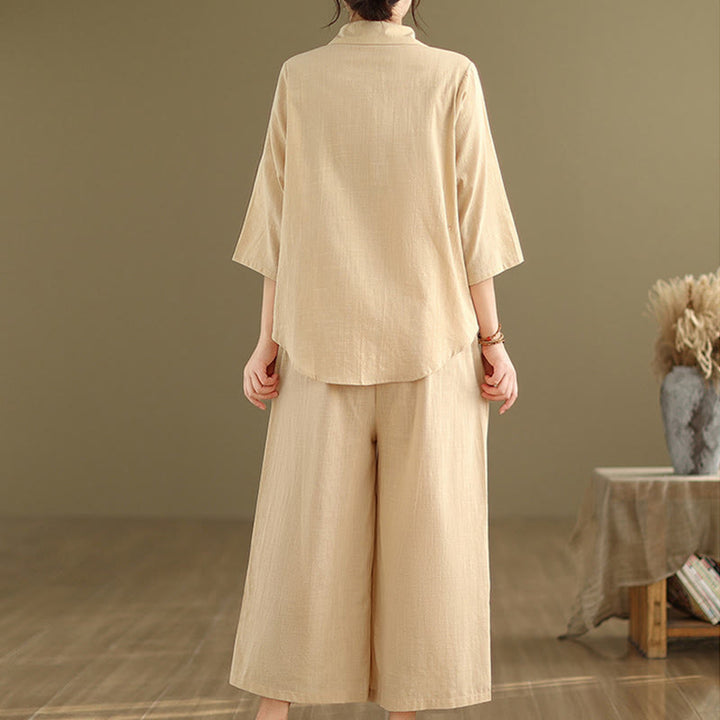 Buddha Stones 2点セット カジュアル レディース スタンドカラー シャツ ゆったりパンツ 瞑想服 セット - image 4