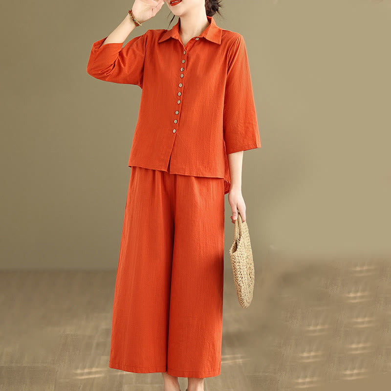 Buddha Stones 2点セット カジュアル レディース スタンドカラー シャツ ゆったりパンツ 瞑想服 セット - image 8