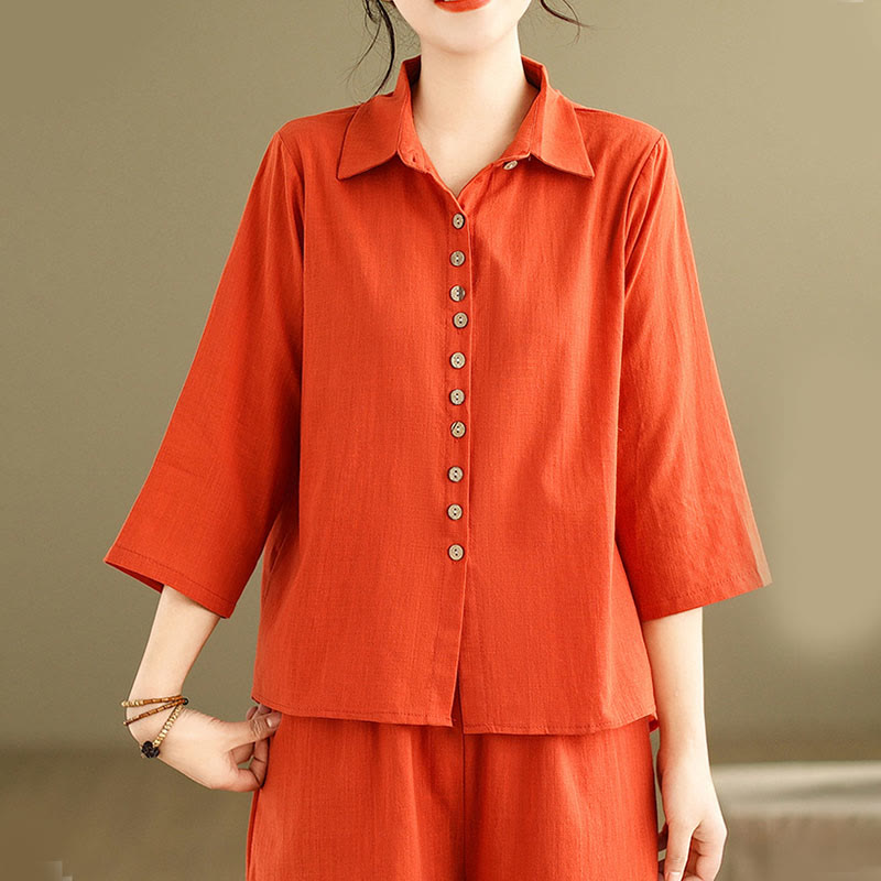 Buddha Stones 2点セット カジュアル レディース スタンドカラー シャツ ゆったりパンツ 瞑想服 セット - image 15