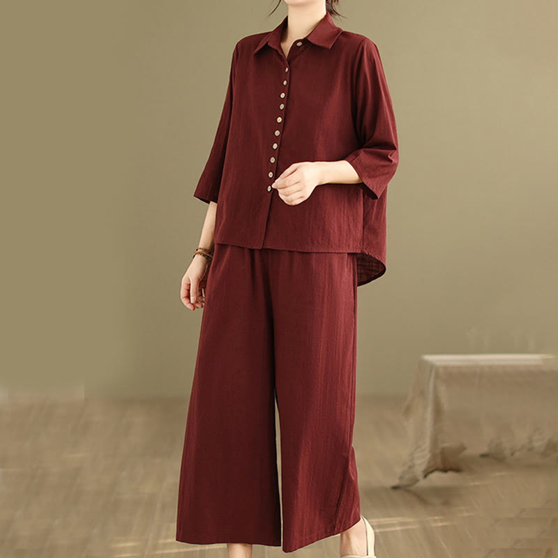 Buddha Stones 2点セット カジュアル レディース スタンドカラー シャツ ゆったりパンツ 瞑想服 セット - image 23