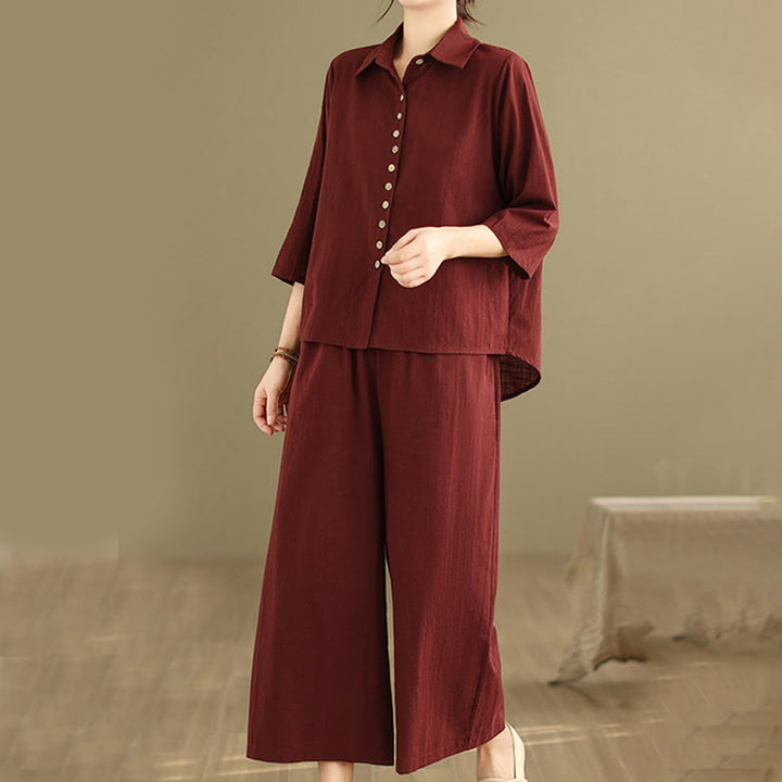 Buddha Stones 2点セット カジュアル レディース スタンドカラー シャツ ゆったりパンツ 瞑想服 セット - image 23