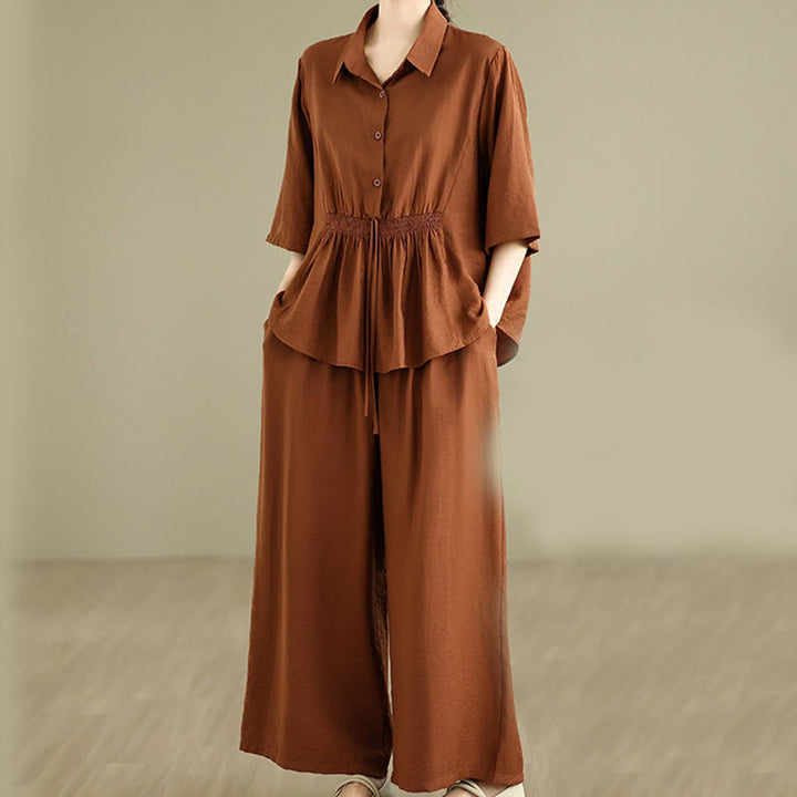 Buddha Stones 2点セット カジュアル レディース スタンドカラー シャツ ゆったりパンツ 瞑想服 セット - image 2