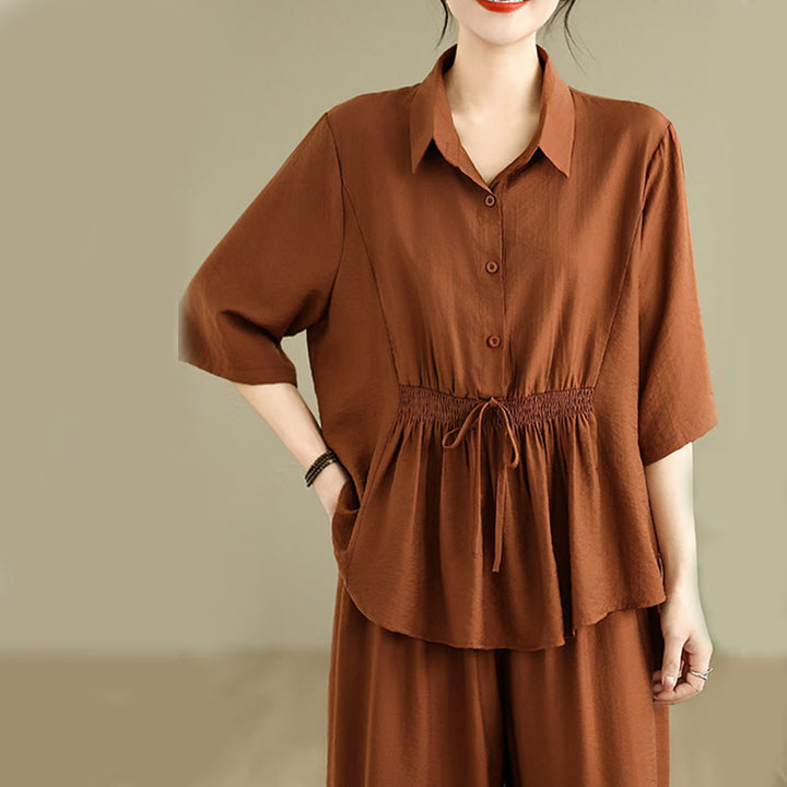 Buddha Stones 2点セット カジュアル レディース スタンドカラー シャツ ゆったりパンツ 瞑想服 セット - image 3