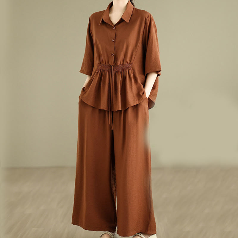 Buddha Stones 2点セット カジュアル レディース スタンドカラー シャツ ゆったりパンツ 瞑想服 セット - image 1