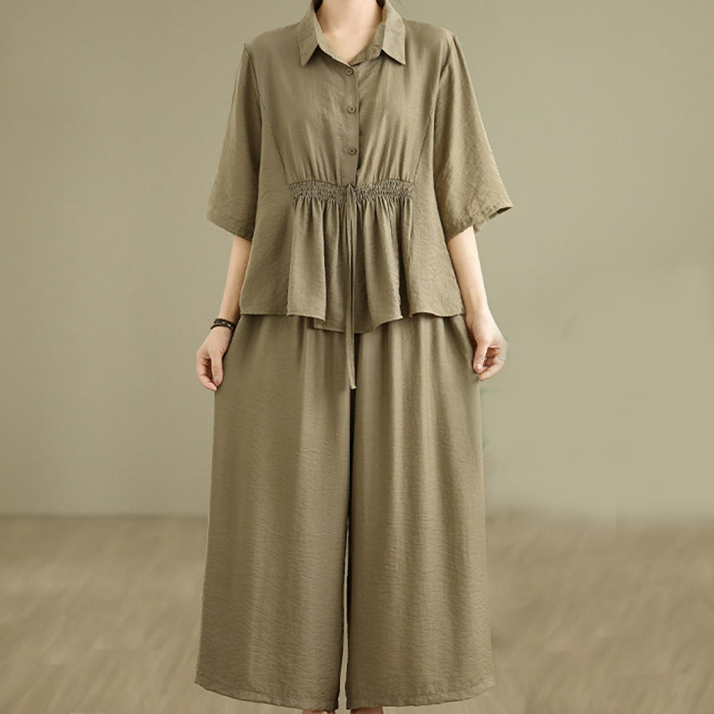 Buddha Stones 2点セット カジュアル レディース スタンドカラー シャツ ゆったりパンツ 瞑想服 セット - ダークカーキ - US12、 UK/AU16、 EU44 (2XL) - image 13