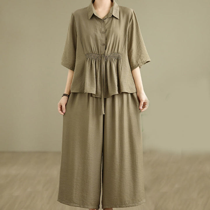 Buddha Stones 2点セット カジュアル レディース スタンドカラー シャツ ゆったりパンツ 瞑想服 セット - ダークカーキ - US12、 UK/AU16、 EU44 (2XL) - image 12