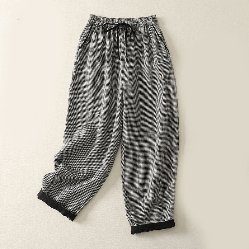 Buddha Stonesチェック柄ドローストリング付きレディースコットンリネンハーレムパンツ（ポケット付き） - 黒 - US8-10，UK/AU12-14，EU40-42 (2XL) - image 0
