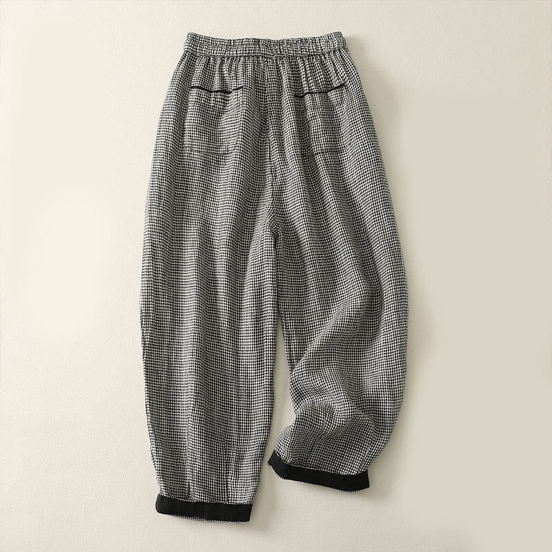 Buddha Stonesチェック柄ドローストリング付きレディースコットンリネンハーレムパンツ（ポケット付き） - image 1