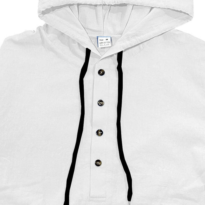 Buddha Stones無地 秋 ハーフボタン メンズ フード付き 長袖 コットンシャツ - image 6