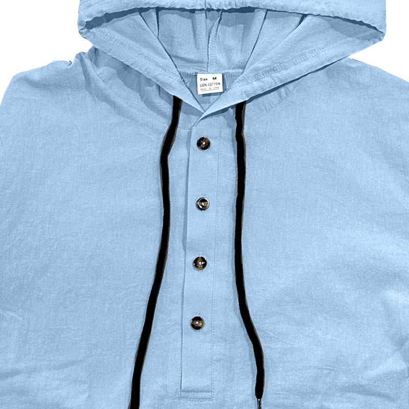 Buddha Stones無地 秋 ハーフボタン メンズ フード付き 長袖 コットンシャツ - image 2