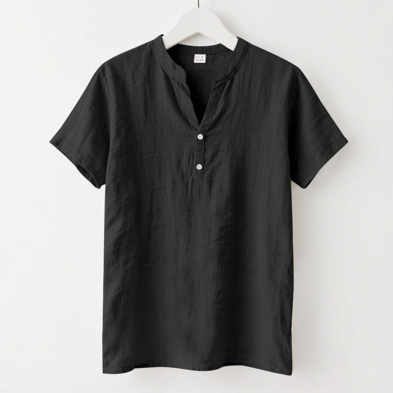 Buddha Stones無地 夏 半袖 ハーフボタン リネン メンズシャツ - 黒 - US/UK/AU46、 EU56 (3XL) - image 1
