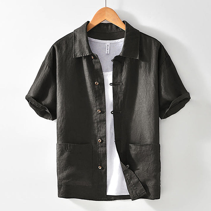 Buddha Stones無地 夏 半袖 ボタン リネン メンズ シャツ ポケット付き - ディムグレー - US/UK/AU42、 EU52 (3XL) - image 21