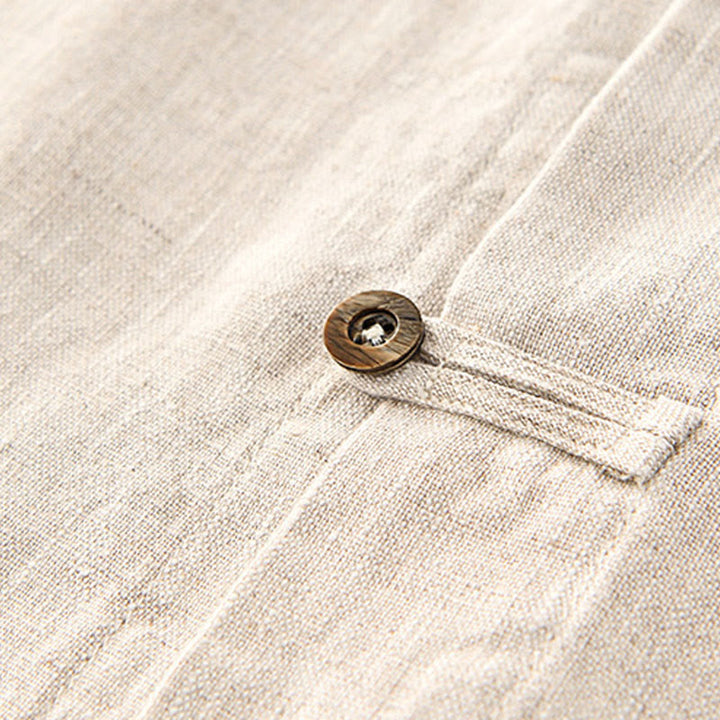 Buddha Stones無地 夏 半袖 ボタン リネン メンズ シャツ ポケット付き - image 4