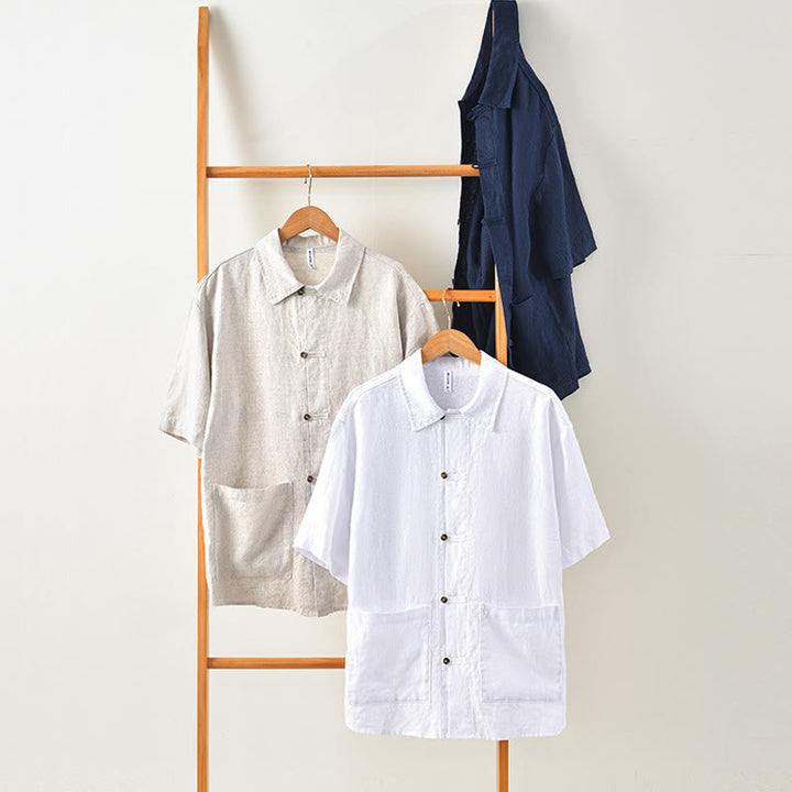 Buddha Stones無地 夏 半袖 ボタン リネン メンズ シャツ ポケット付き - image 9