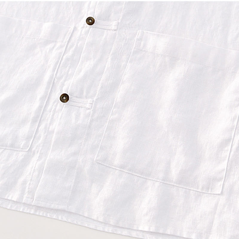 Buddha Stones無地 夏 半袖 ボタン リネン メンズ シャツ ポケット付き - image 12