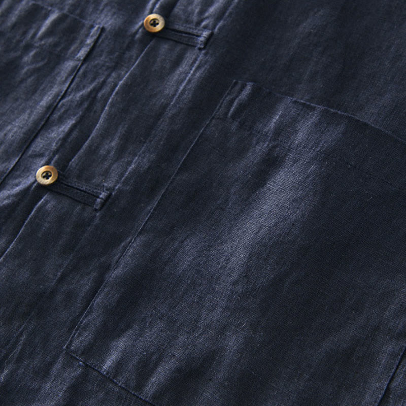 Buddha Stones無地 夏 半袖 ボタン リネン メンズ シャツ ポケット付き - image 19