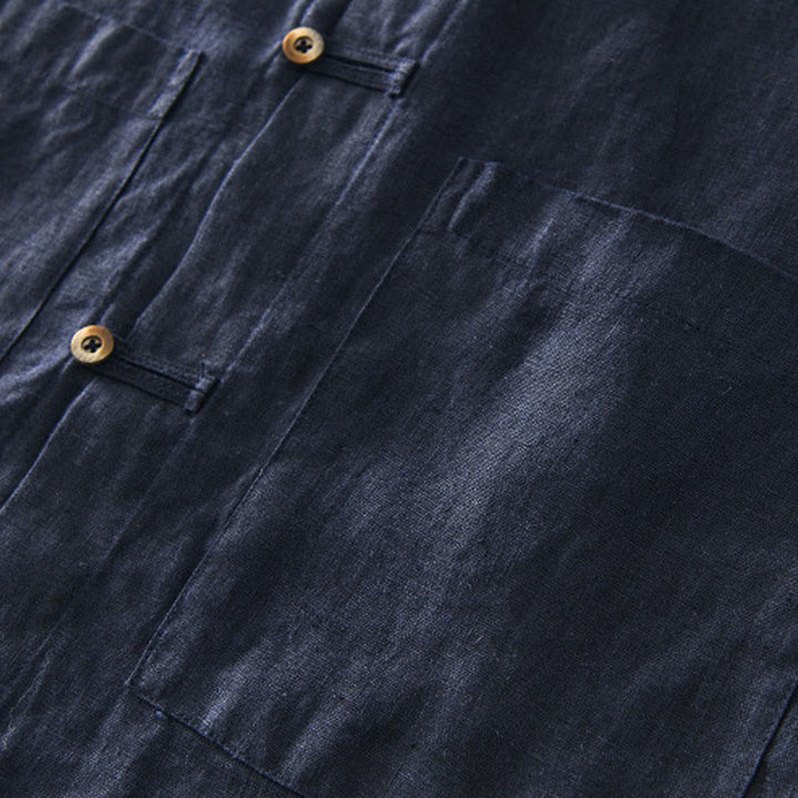 Buddha Stones無地 夏 半袖 ボタン リネン メンズ シャツ ポケット付き - image 19