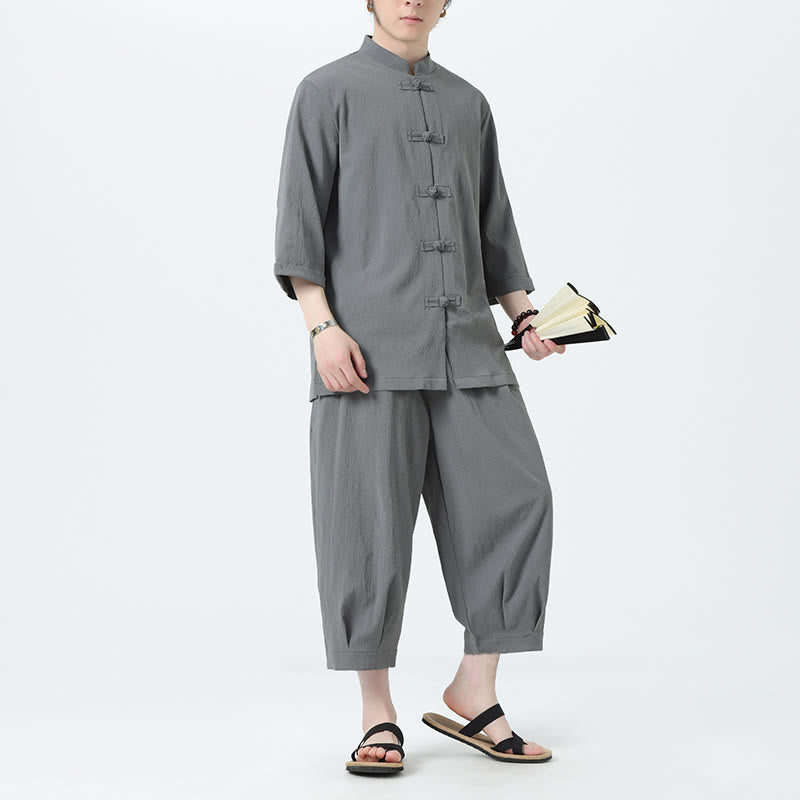 Buddha Stones 2点セット 無地 フロッグボタン 七分袖 シャツ パンツ メンズ セット - ディムグレー - US/UK/AU46、 EU56 (5XL) - image 1