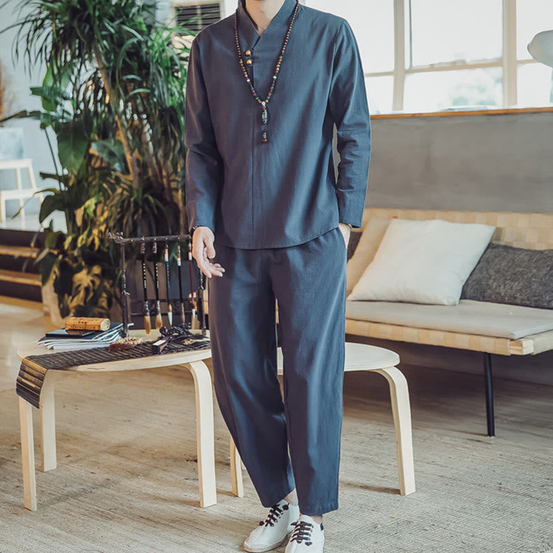 Buddha Stonesコットンシャツ 足首丈パンツ ポケット付き メンズ 瞑想用クロスセット 2点セット - スチールブルー - US/UK/AU44、EU54（5XL） - image 34