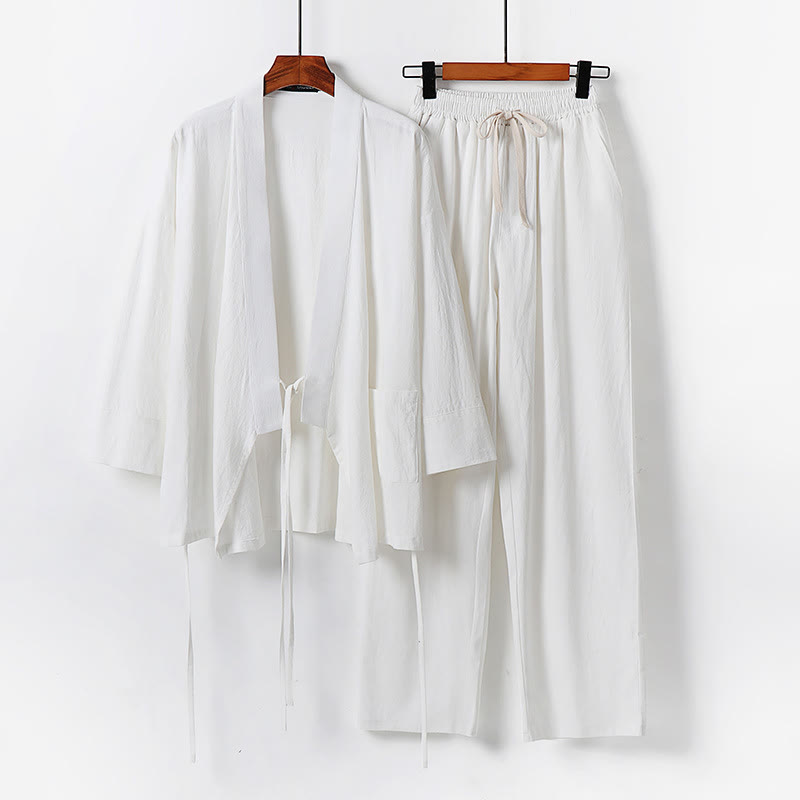 Buddha Stonesレースアップ コットンリネン 着物パンツ ポケット付き メンズ瞑想服セット 2点セット - 白 - US/UK/AU54、 EU64 (9XL) - image 1