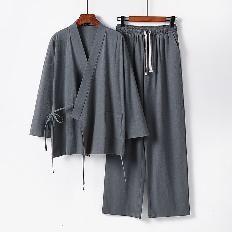 Buddha Stonesレースアップ コットンリネン 着物パンツ ポケット付き メンズ瞑想服セット 2点セット - グレー - US/UK/AU54、 EU64 (9XL) - image 0