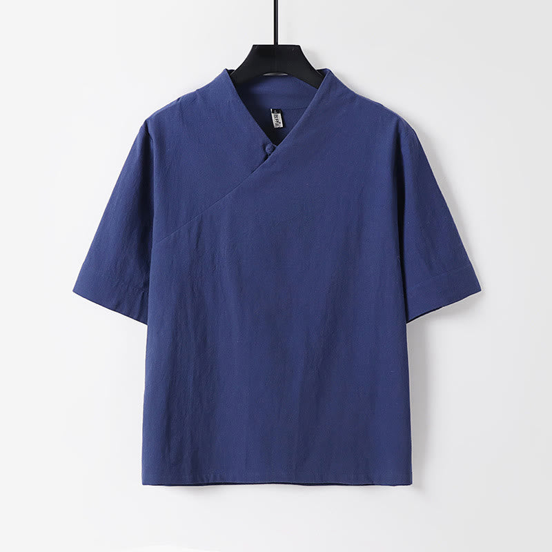 Buddha Stones 2点 Vネック コットン 半袖シャツ パンツ ポケット付き メンズ 瞑想用クロスセット - image 1