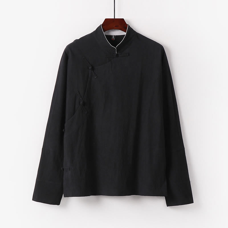 Buddha Stonesヴィンテージプレーンチャイニーズフロッグボタンコットン長袖メンズシャツ - 黒 - US/UK/AU50、 EU60 (7XL) - image 3
