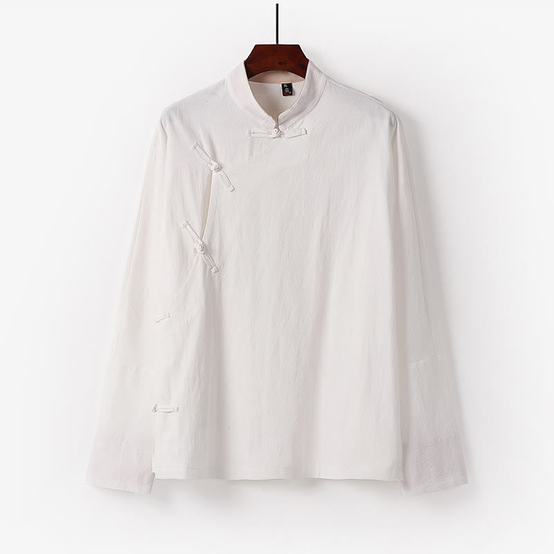 Buddha Stonesヴィンテージプレーンチャイニーズフロッグボタンコットン長袖メンズシャツ - 白 - US/UK/AU50、 EU60 (7XL) - image 1