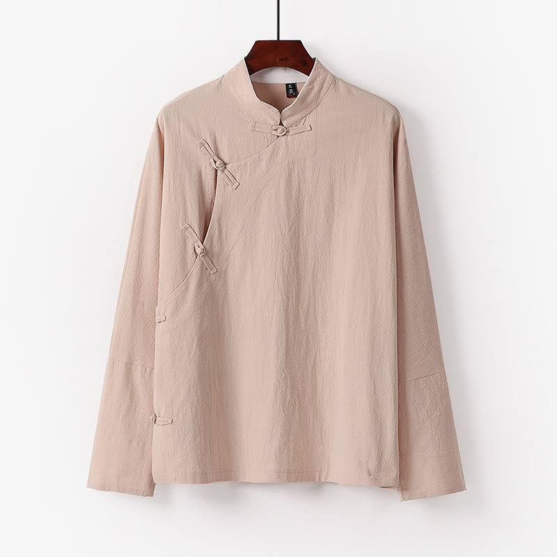 Buddha Stonesヴィンテージプレーンチャイニーズフロッグボタンコットン長袖メンズシャツ - 小麦 - US/UK/AU50、 EU60 (7XL) - image 4