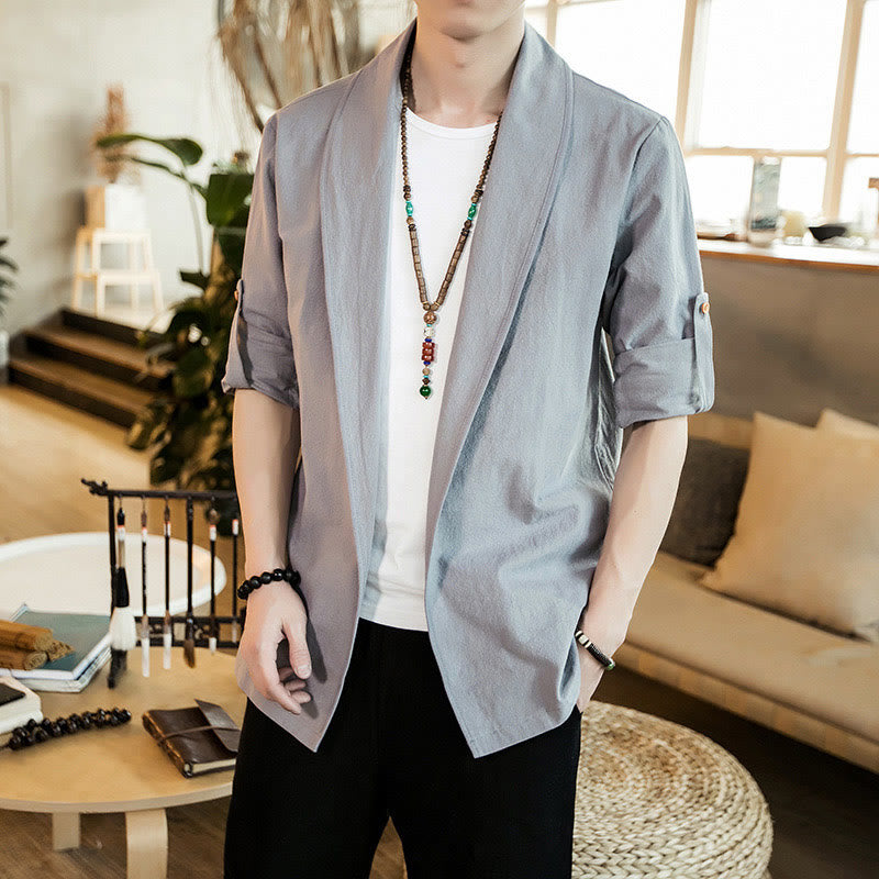 Buddha Stonesヴィンテージ プレーンラペル オープンフロントジャケット コットン メンズ 着物 - ライトグレー - US/UK/AU46、 EU56 (5XL) - image 8