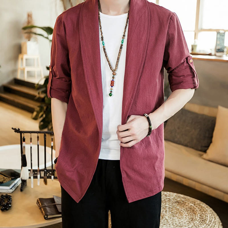 Buddha Stonesヴィンテージ プレーンラペル オープンフロントジャケット コットン メンズ 着物 - インディアンレッド - US/UK/AU46、 EU56 (5XL) - image 20