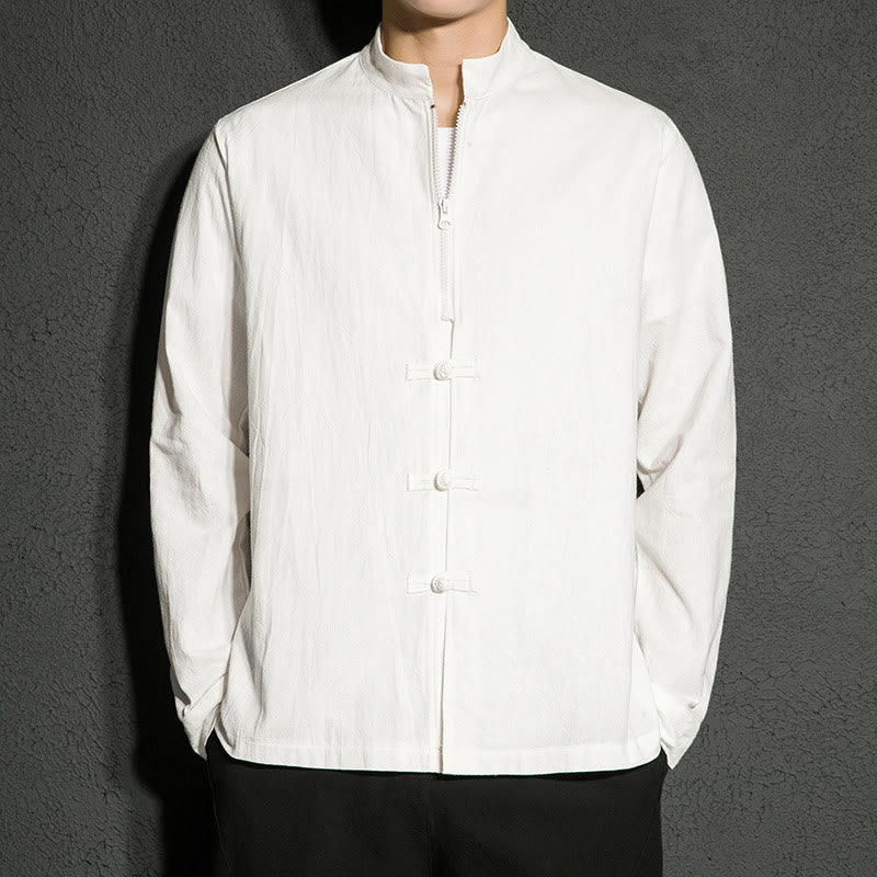 Buddha Stones無地 ジッパー 中国風 カエルボタン コットン 長袖 メンズシャツ - 白 - US/UK/AU46、 EU56 (5XL) - image 8