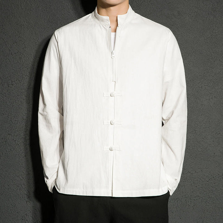 Buddha Stones無地 ジッパー 中国風 カエルボタン コットン 長袖 メンズシャツ - 白 - US/UK/AU46、 EU56 (5XL) - image 8
