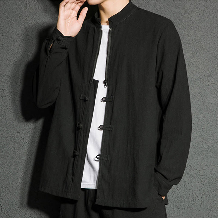 Buddha Stones無地 ジッパー 中国風 カエルボタン コットン 長袖 メンズシャツ - 黒 - US/UK/AU46、 EU56 (5XL) - image 0