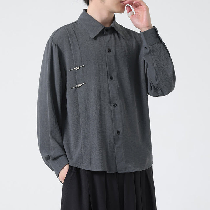 Buddha Stones無地ボタン スタンドカラー 長袖 メンズ コットンシャツ - image 3
