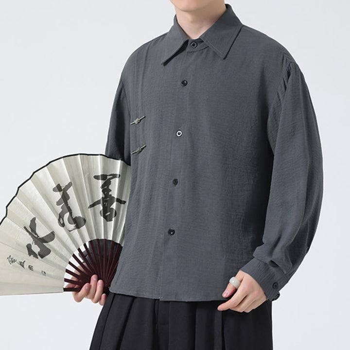 Buddha Stones無地ボタン スタンドカラー 長袖 メンズ コットンシャツ - グレー - US/UK/AU46、 EU56 (5XL) - image 1