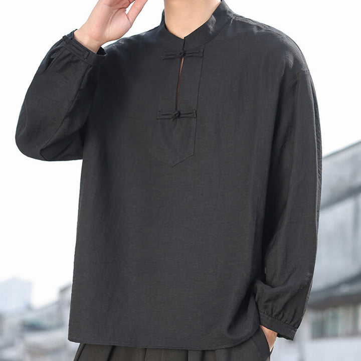 Buddha Stones2つのカエルボタン スタンドカラー 長袖 メンズ コットンシャツ - 黒 - US/UK/AU48、 EU58(5XL) - image 0