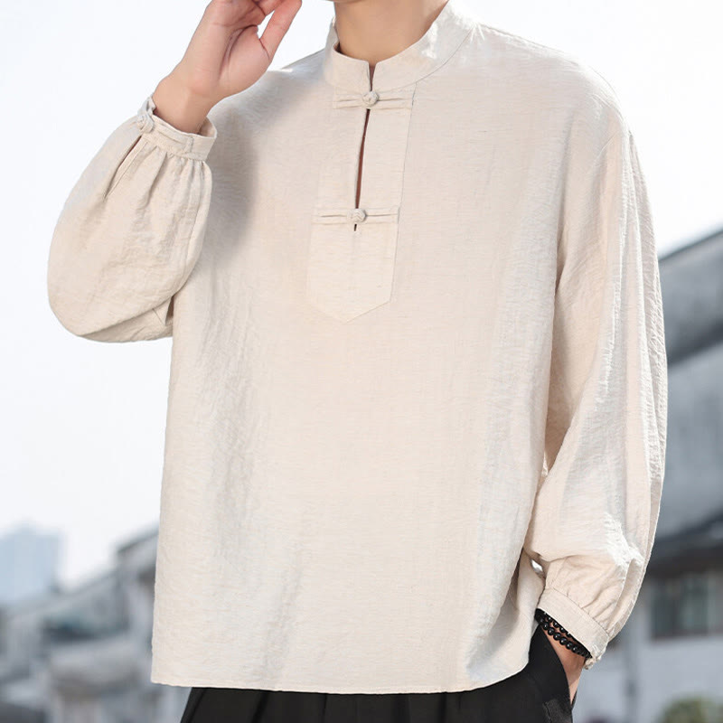 Buddha Stones2つのカエルボタン スタンドカラー 長袖 メンズ コットンシャツ - リネン - US/UK/AU48、 EU58(5XL) - image 10