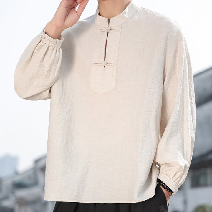 Buddha Stones2つのカエルボタン スタンドカラー 長袖 メンズ コットンシャツ - リネン - US/UK/AU48、 EU58(5XL) - image 10