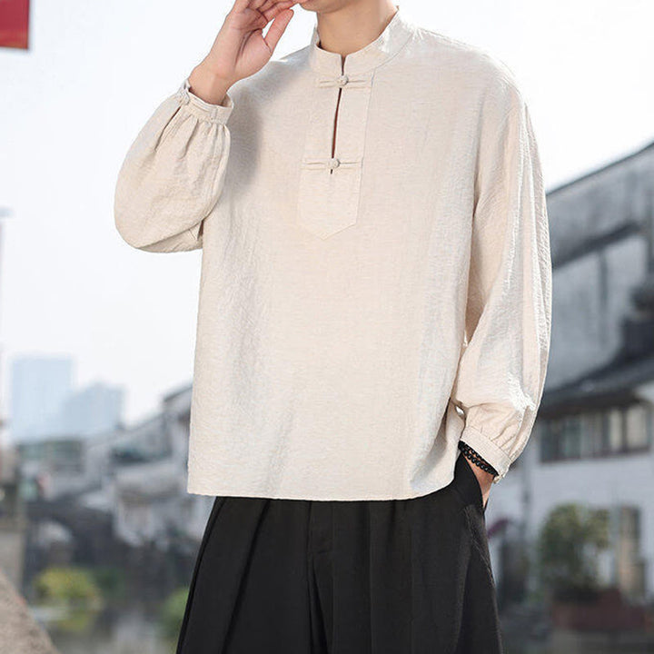 Buddha Stones2つのカエルボタン スタンドカラー 長袖 メンズ コットンシャツ - image 14