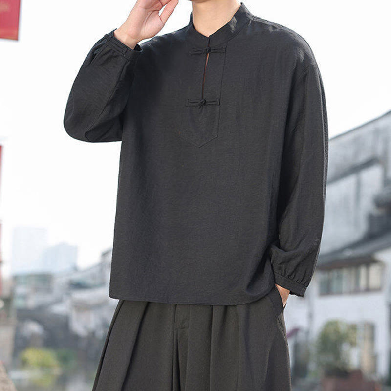 Buddha Stones2つのカエルボタン スタンドカラー 長袖 メンズ コットンシャツ - image 3