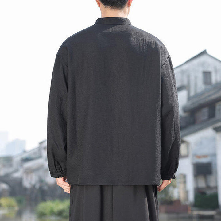 Buddha Stones2つのカエルボタン スタンドカラー 長袖 メンズ コットンシャツ - image 2