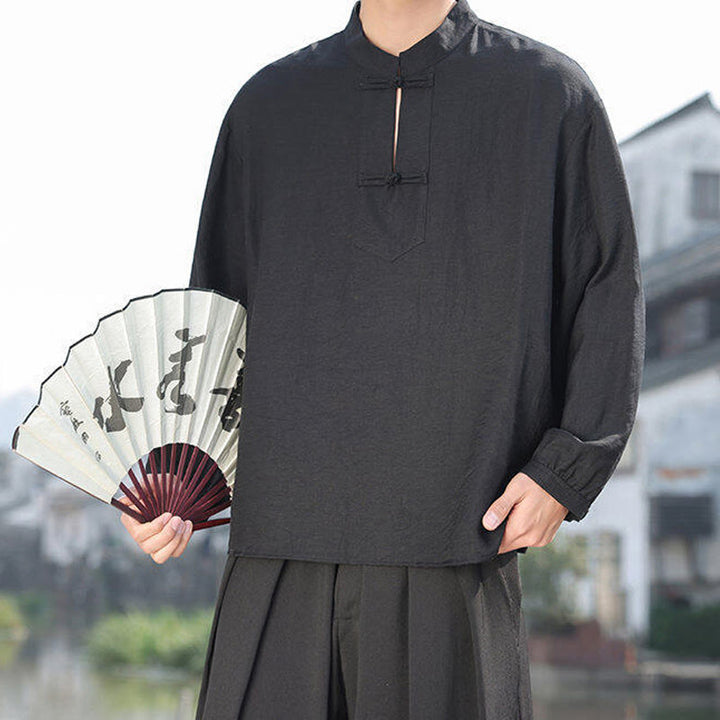 Buddha Stones2つのカエルボタン スタンドカラー 長袖 メンズ コットンシャツ - image 9