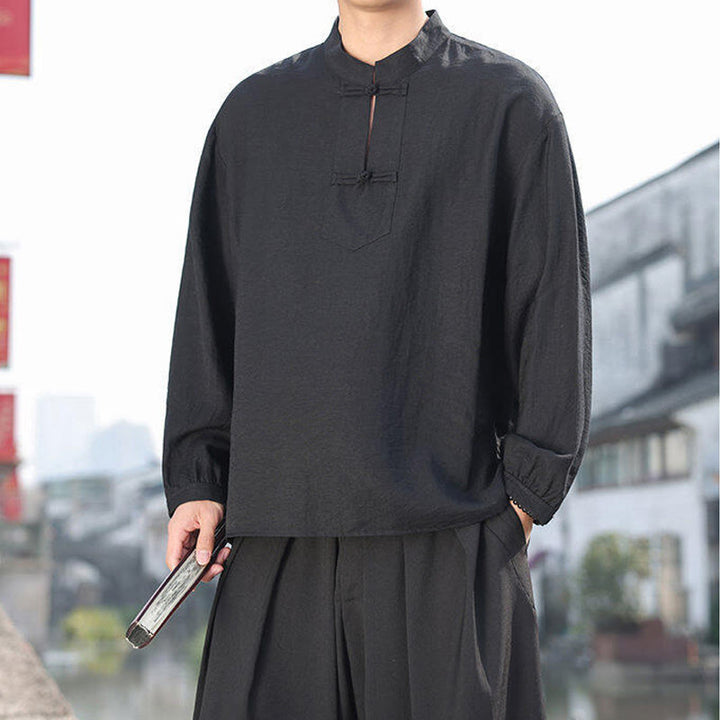 Buddha Stones2つのカエルボタン スタンドカラー 長袖 メンズ コットンシャツ - image 6