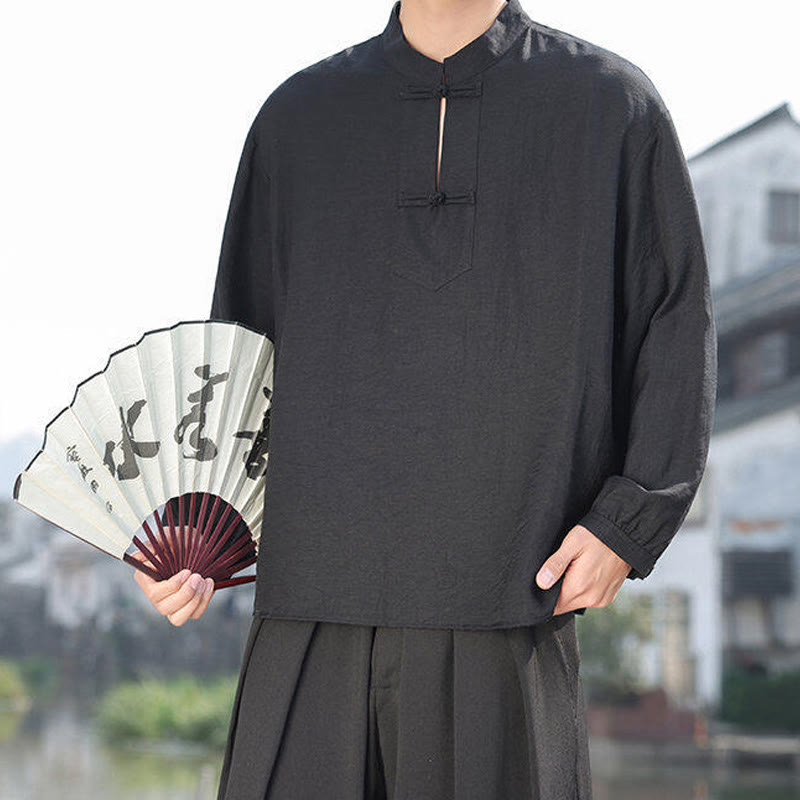 Buddha Stones2つのカエルボタン スタンドカラー 長袖 メンズ コットンシャツ - image 9